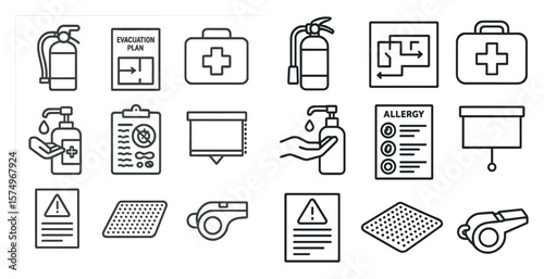 Set of icons for a medical emergency kit. The icons include a fire extinguisher, first aid kit, and other medical supplies
