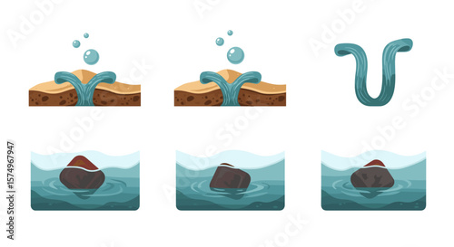 Depiction of water flowing from ground and rock in water with bubbles and u shaped water flow