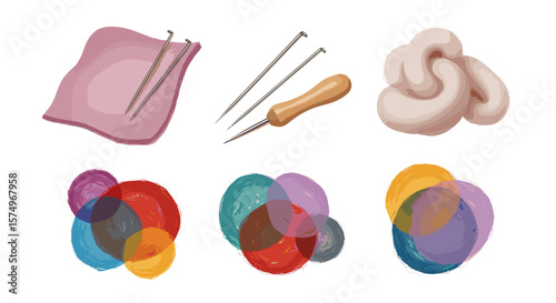 Illustration of pink felt with needles, awl, yarn, and abstract color circles on a white backdrop