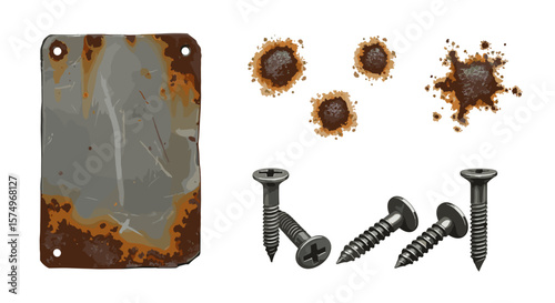 Illustration of a rusted metal plate with holes, rust spots, and four metal screws on a white background