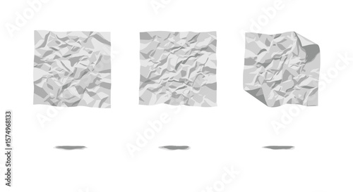 Three crumpled sheets of white paper with shadows cast below them on a plain white background view