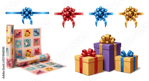 Assorted gift wrapping supplies including rolls of paper and colorful bows with wrapped presents nearby