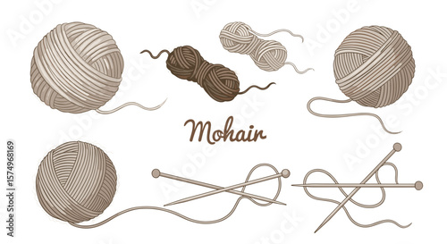 Illustration of various balls of yarn and knitting needles with the word mohair in the center