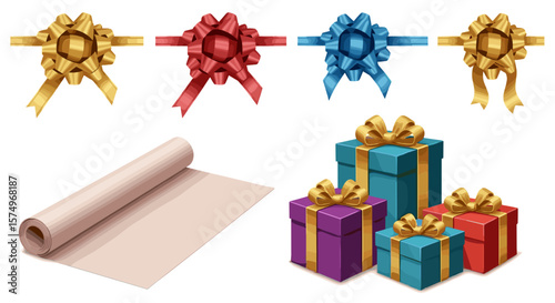 A collection of colorful gift bows, a roll of wrapping paper, and several wrapped gift boxes shown