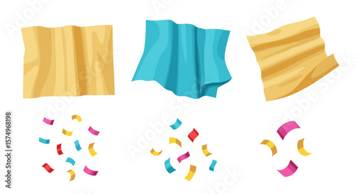 Illustration of party decorations featuring colorful confetti and draped fabric on a white background