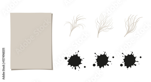 Illustration of a beige rectangle with three sprigs and three black ink blots on a white background