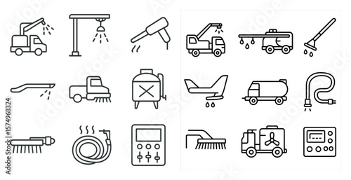 Series of black and white icons of various vehicles and equipment, including a truck, a jet, a helicopter, and a car