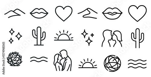 Collection of symbols, including a heart, a cactus, a sun, and a couple kissing, are displayed in a row. The heart symbolizes love and affection, while the cactus represents the desert