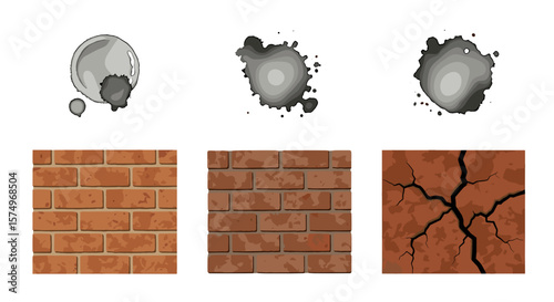 Three ink splatters above three brick wall textures with varying degrees of damage and color tone