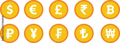 Currency icon set. Popular international currency sign isolated on transparent background. Set of currency symbols dollar, euro, pound, yen, won, rupee, franc, bitcoin, lira, ruble coins icon vector.