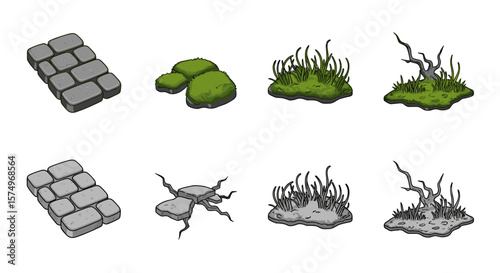Isometric game assets featuring stone bricks moss clumps grass patches and bare tree stumps in color and grayscale