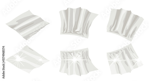 Six white cloth pieces with varying textures and folds displayed against a white background scene gently