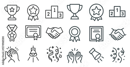 Set of symbols that represent different achievements and accomplishments. The symbols include a trophy, a handshake, a certificate, and a microphone. Scene is celebratory and triumphant