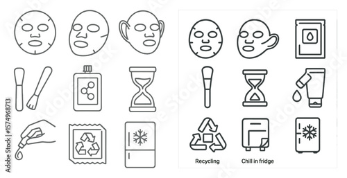 The image is a collection of various icons related to beauty and skincare. The icons include a brush, a bottle, a clock, a hand, a face, and a cup. The icons are arranged in a grid