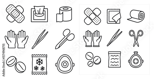 Set of medical supplies including scissors, gloves, and bandages. Concept of preparedness and care for one's health