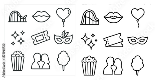 The image is a collection of various icons, including a heart, a balloon, a roller coaster, and a ticket. The icons are arranged in two columns, with the top column featuring a mix of icons