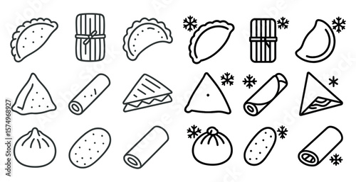 Collection of food items including sandwiches, wraps, and dumplings. The image is in black and white and has a simple, clean look