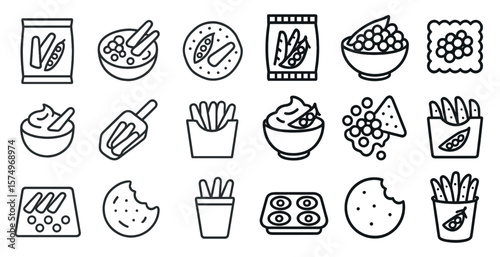 Series of food icons, including bowls, cups, and spoons, are shown in a black and white style