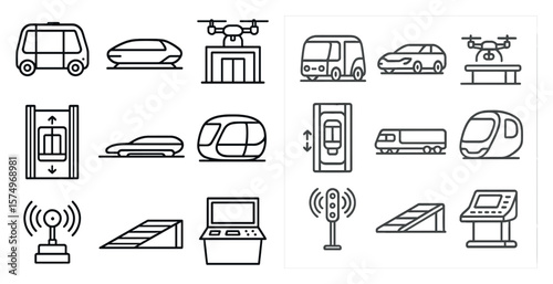 Set of icons for various modes of transportation, including cars, buses, trains, and airplanes