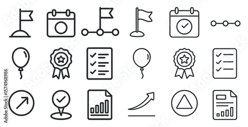 Collection of icons for a calendar, including a star, a check mark, and a balloon. These icons are arranged in a grid, with some icons placed above others. Scene is one of organization