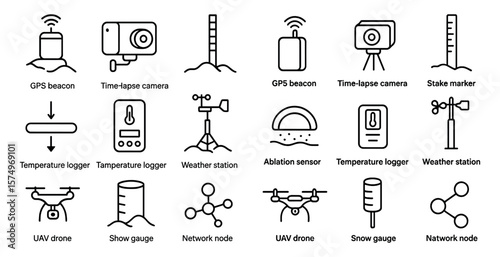 Collection of icons for various devices and tools, including a time-lapse camera, a GPS beacon, and a weather station