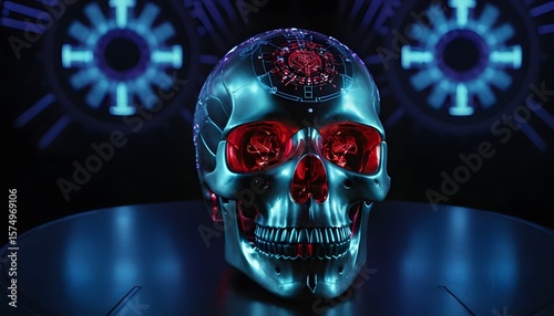 A shiny metal skull with cybernetic elements and red eyes in a Sci-fi/Cyberpunk style.