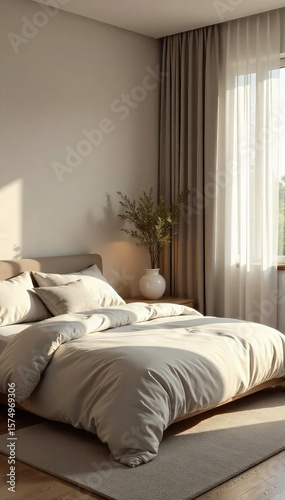 Serene bedroom interior, soft lighting, muted tones, minimalist decor, creating a peaceful and relaxing atmosphere Ideal for sleep, meditation, or quiet time , zen, calm bedroom, peaceful