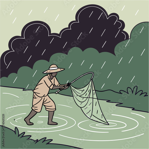 man in the forest Fisherman fishing in the river with a net in the rain