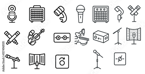 Collection of musical instruments and equipment. The instruments include a guitar, a microphone, and a keyboard. The equipment includes a microphone stand, a guitar stand, and a music stand