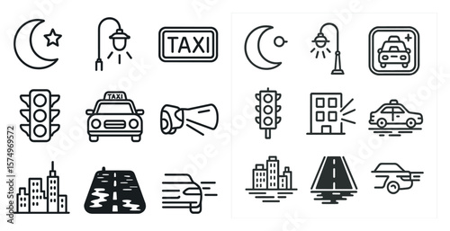Collection of black and white icons for various aspects of city life, including traffic lights, taxis, and buildings