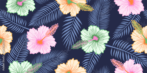 hand drawn exotic Hibiscus and Palm Leaf flowers Tropical pattern design for textiles, wallpaper, wrapping paper, fabric, fashion, background vector illustration