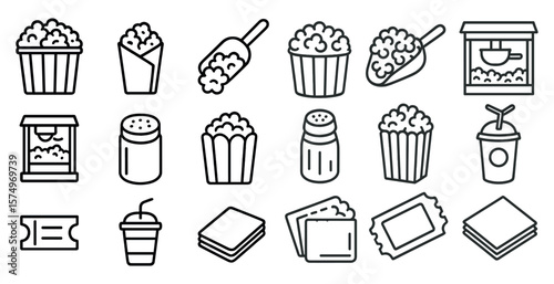 Set of icons for a movie theater, including popcorn, cups, and tickets. The icons are all in black and white and are arranged in a grid