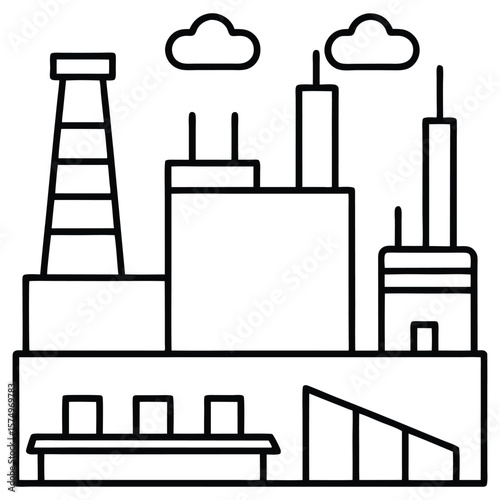 Industrial factory complex with smokestacks and clouds