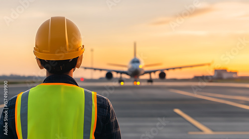 Airport worker overseeing aircraft. Safety and focus are key in this aviation environment. Ensuring smooth operations at the airport.