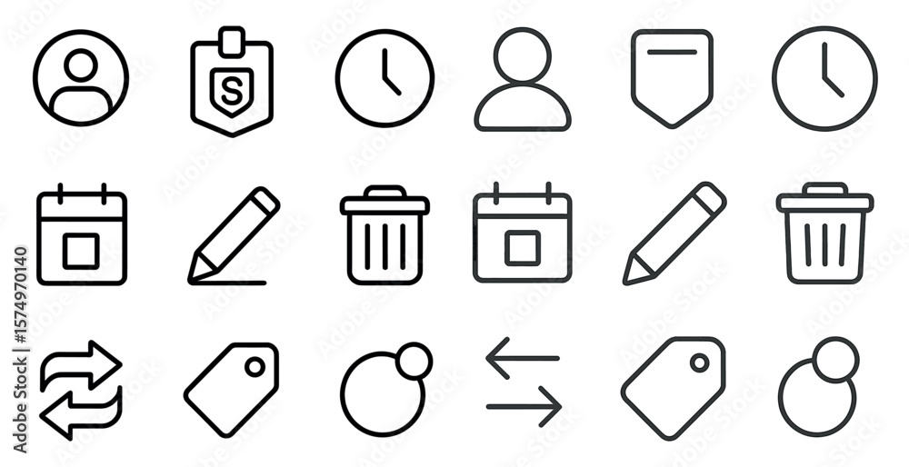 Set of icons for a calendar, trash can, and other items. The icons are all in black and white