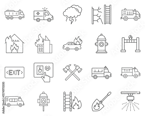Emergency symbols and tools for firefighting in a vector icon set