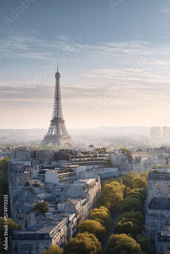 Iconic cityscape featuring the Eiffel Tower in the soft morning light. Evokes feelings of travel, romance, and culture. Perfect for travel blogs, postcards, and editorial use.