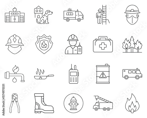 Firefighting icon set featuring emergency symbols and equipment