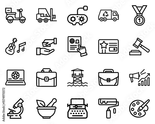 Job Categories Icon Set Featuring Various Professions and Tools