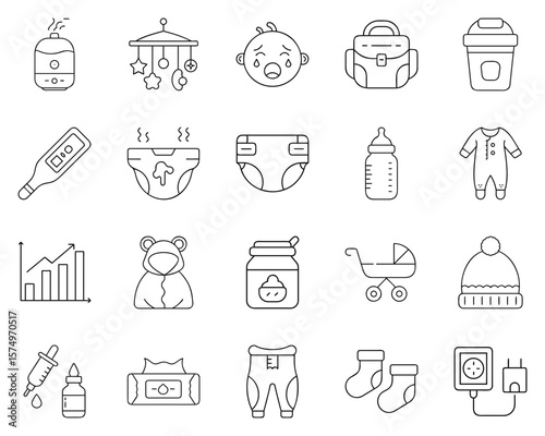 Vector icon set of baby items featuring essential care symbols