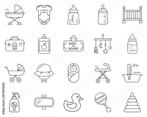 Vector icons for baby care with essential items and symbols