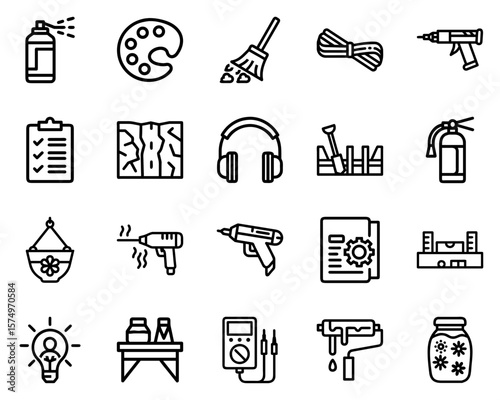 DIY Projects Icon Set Featuring Tools and Supplies in Black Silhouettes