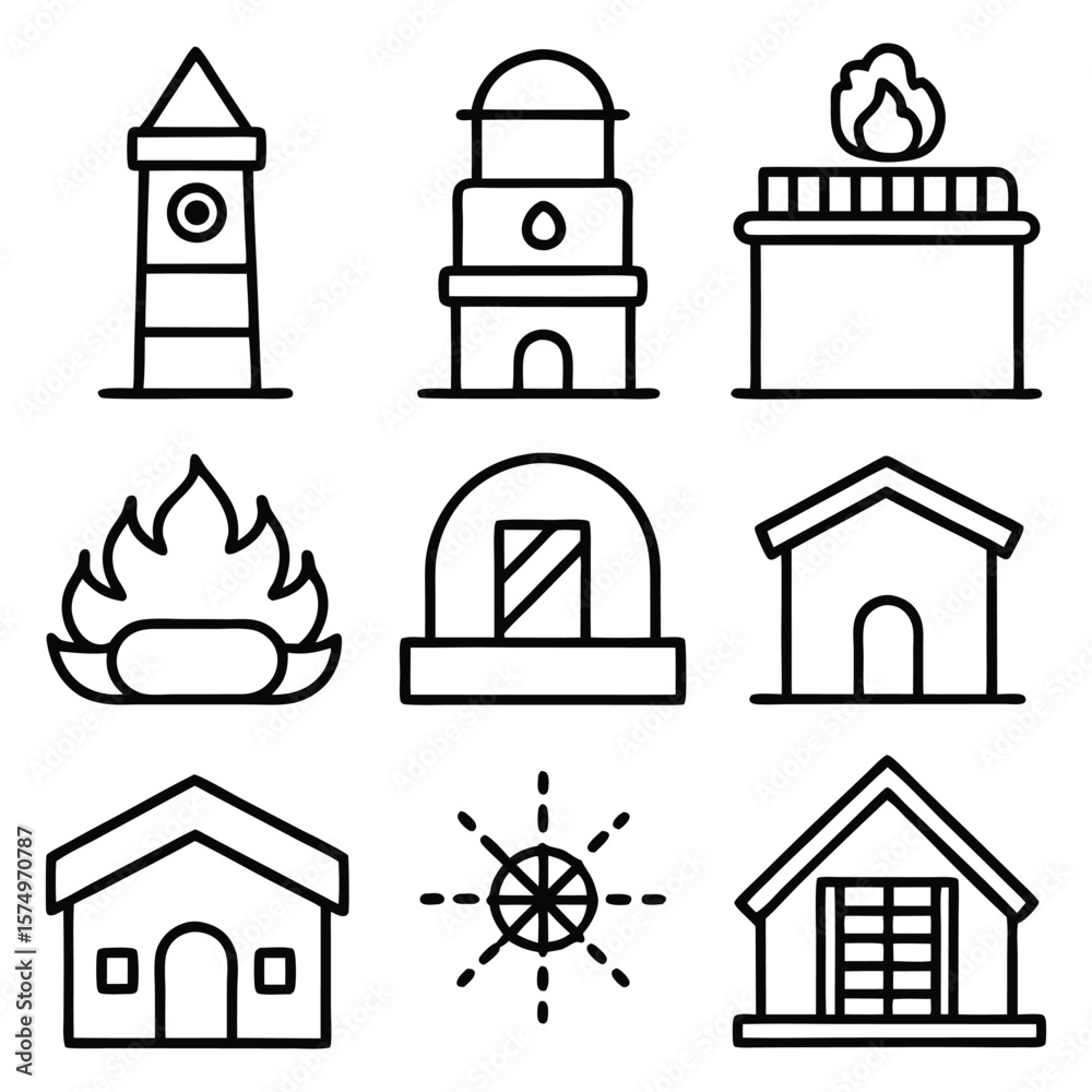 Obraz premium Various building and fire icons house flame