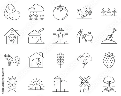 Black silhouette icons of farming activities and agricultural symbols