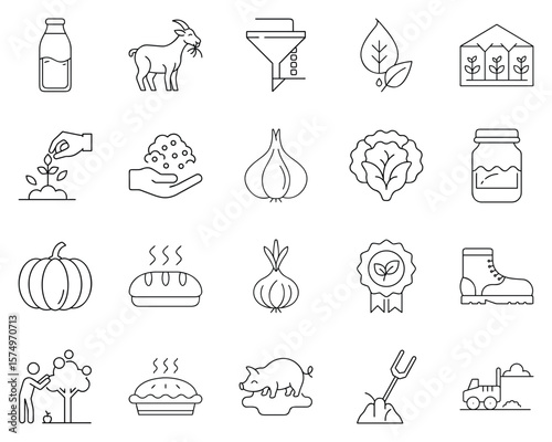 Agricultural icons in black silhouette with farming tools & symbols