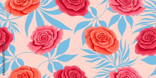 hand drawn exotic flowers Floral arrangement with roses and blue leaves  design for textiles, wallpaper, wrapping paper, fabric, fashion, background vector illustration