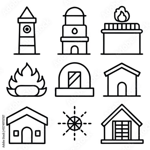 Various building and fire icons house flame
