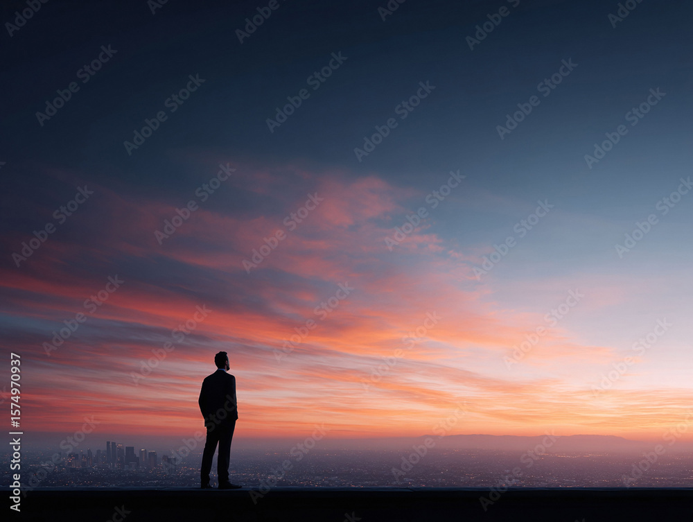 Fototapeta premium A man in a suit gazes over a cityscape at sunset. Symbolizes ambition, vision, and success. Ideal for business, leadership, and inspirational content. Dramatic sky.