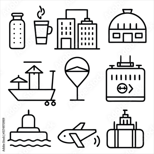 Various objects and transportation icons bottle coffee