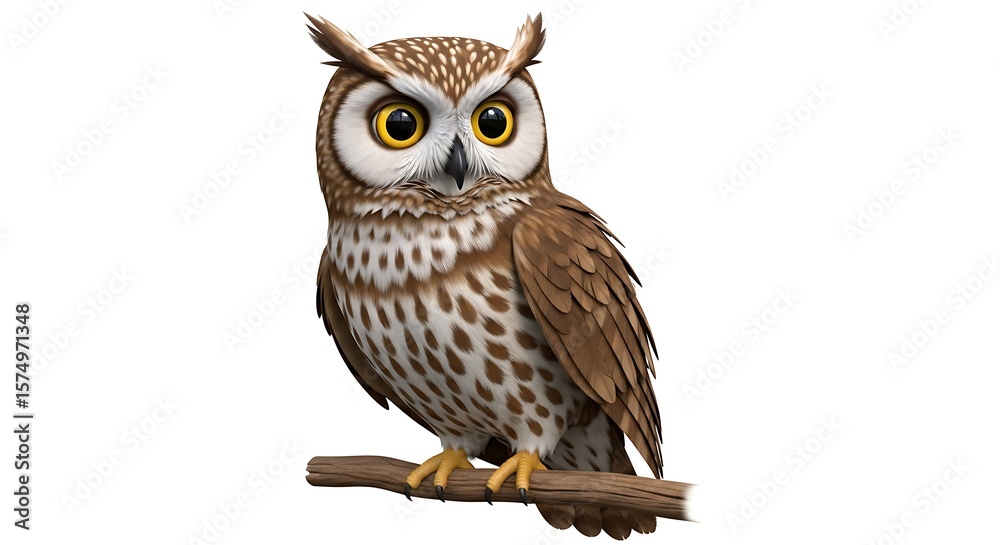 Fototapeta premium Cute Owl Illustration Perched on a Branch, Cartoon Owl with Detailed Feather Texture and Large Yellow Eyes